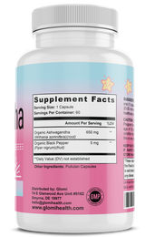 Glomi Ashwagandha supplement capsules nutrional label