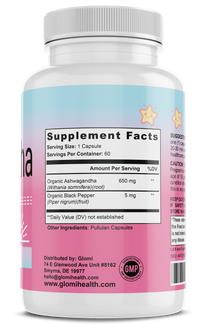 Glomi Ashwagandha supplement capsules nutrional label