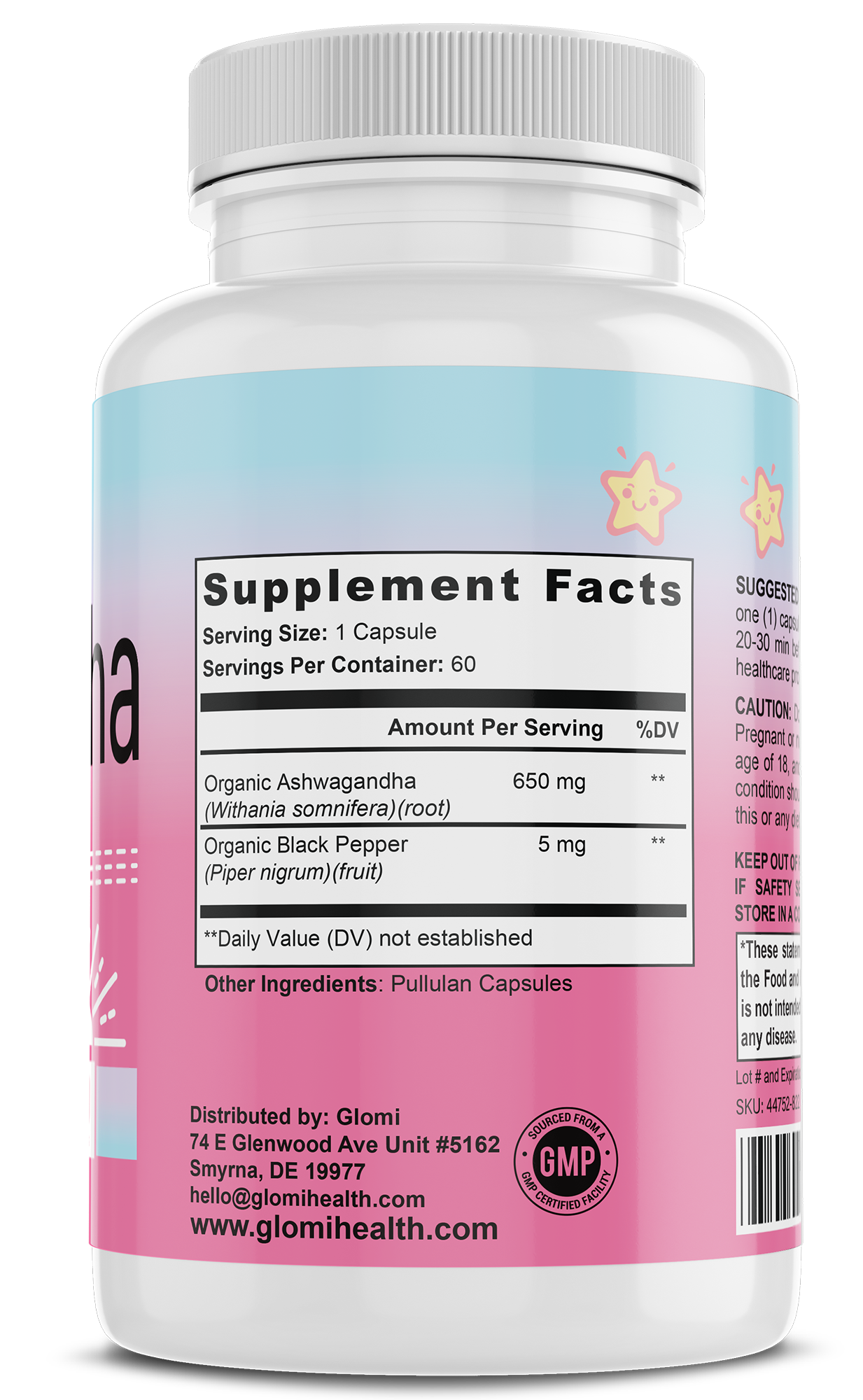 Glomi Ashwagandha supplement capsules nutrional label