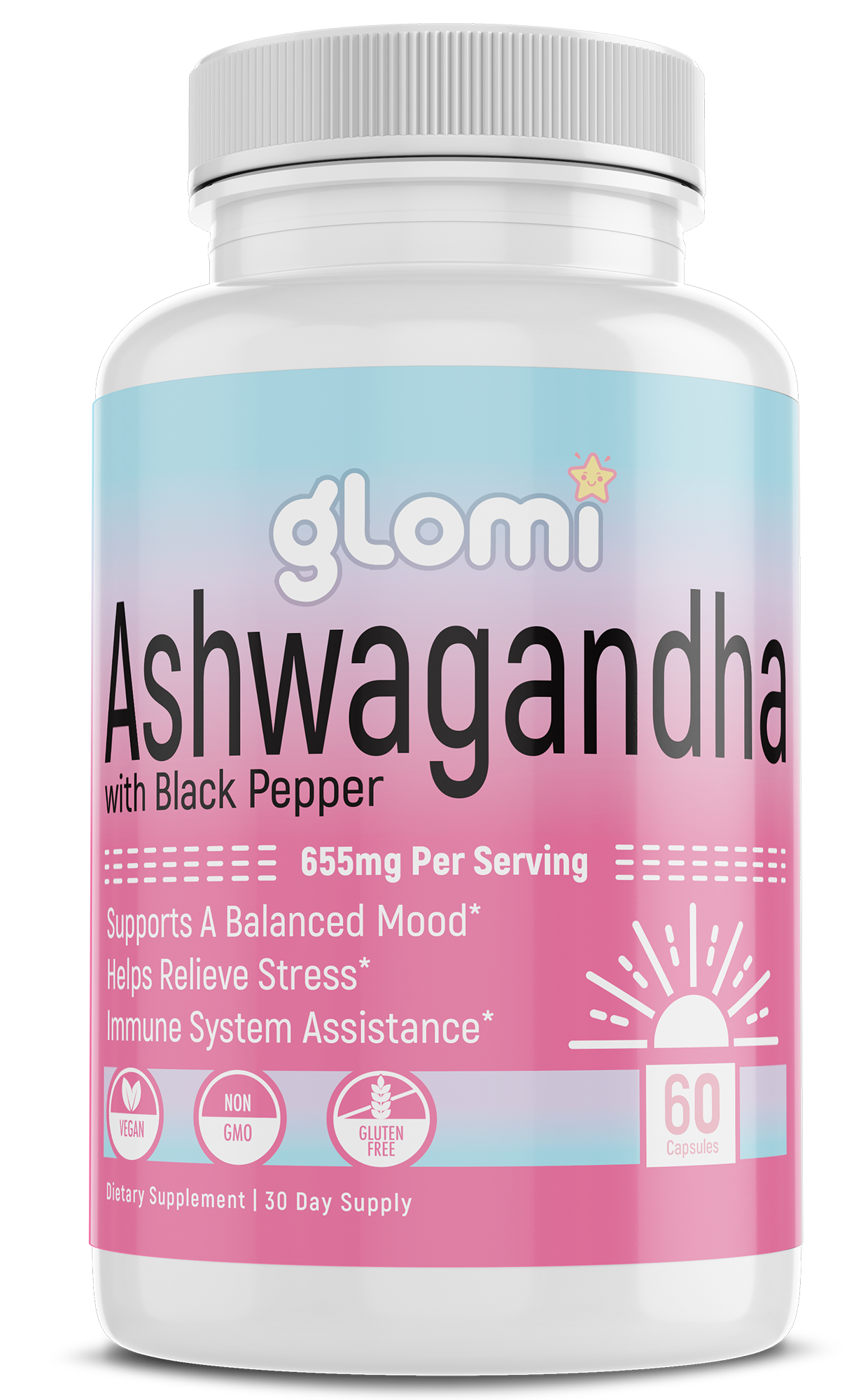 Glomi Ashwagandha supplements bottle white