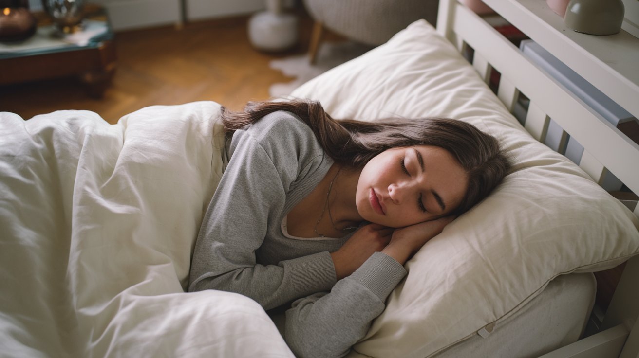 a photo of a young woman with long dark hair sleep took ashwaghanda supplements